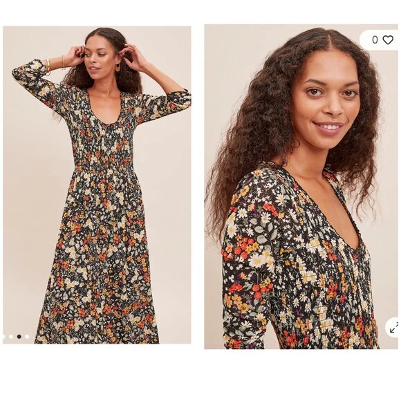 Anthropologie Omya Fall Flora Maxi Dress XS Back Orange Smocked Waist Scoop Neck - Picture 5 of 16